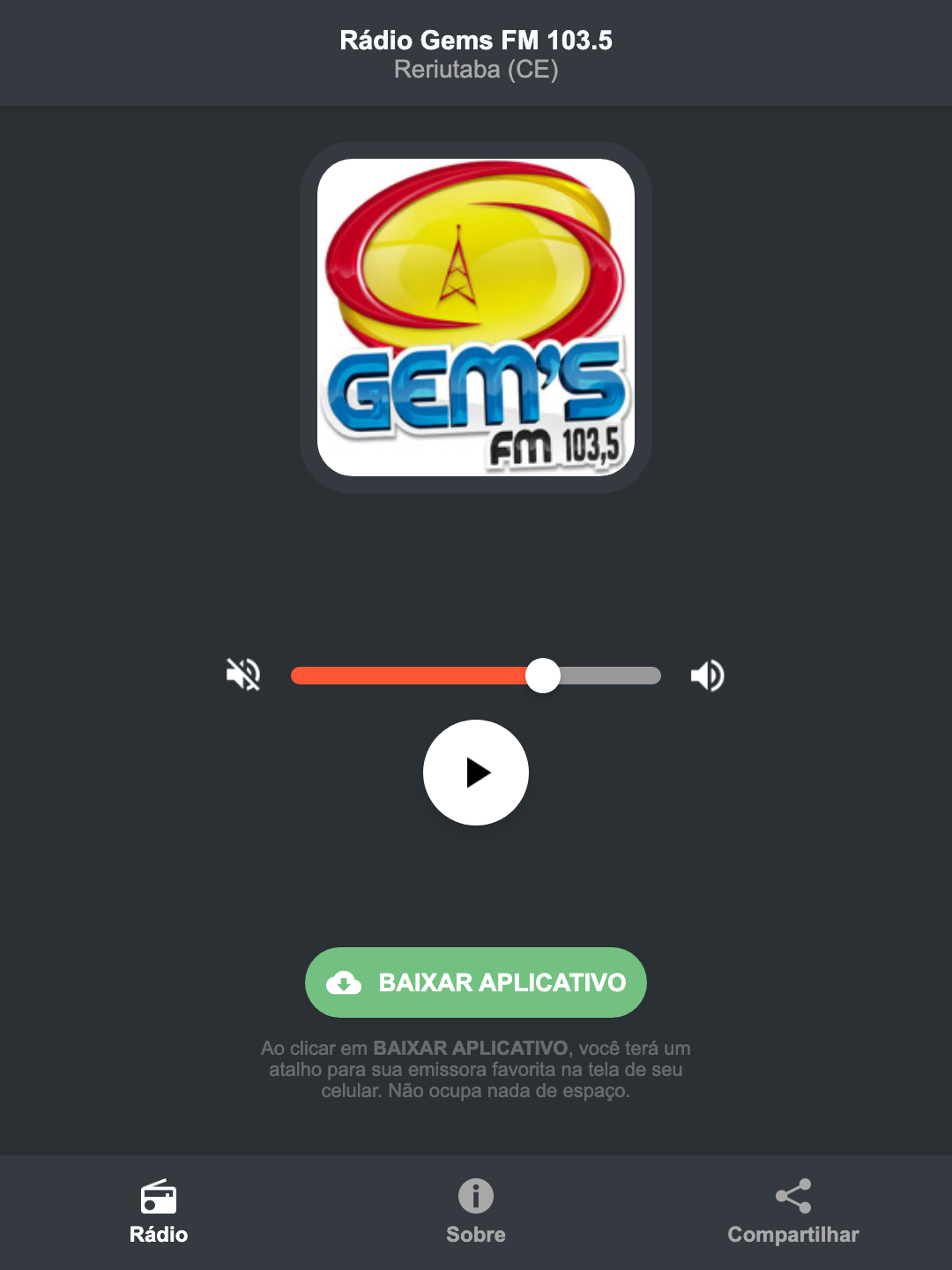 Screenshot do aplicativo da Rádio Gems FM 103.5