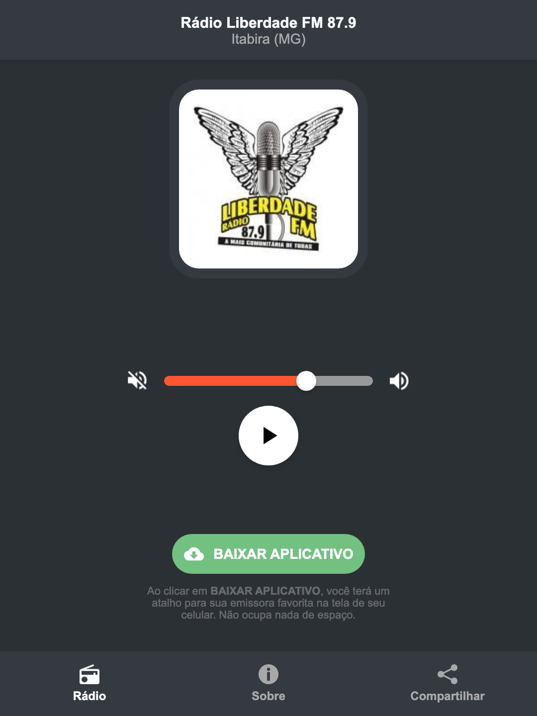 Screenshot do aplicativo da Rádio Liberdade FM 87.9