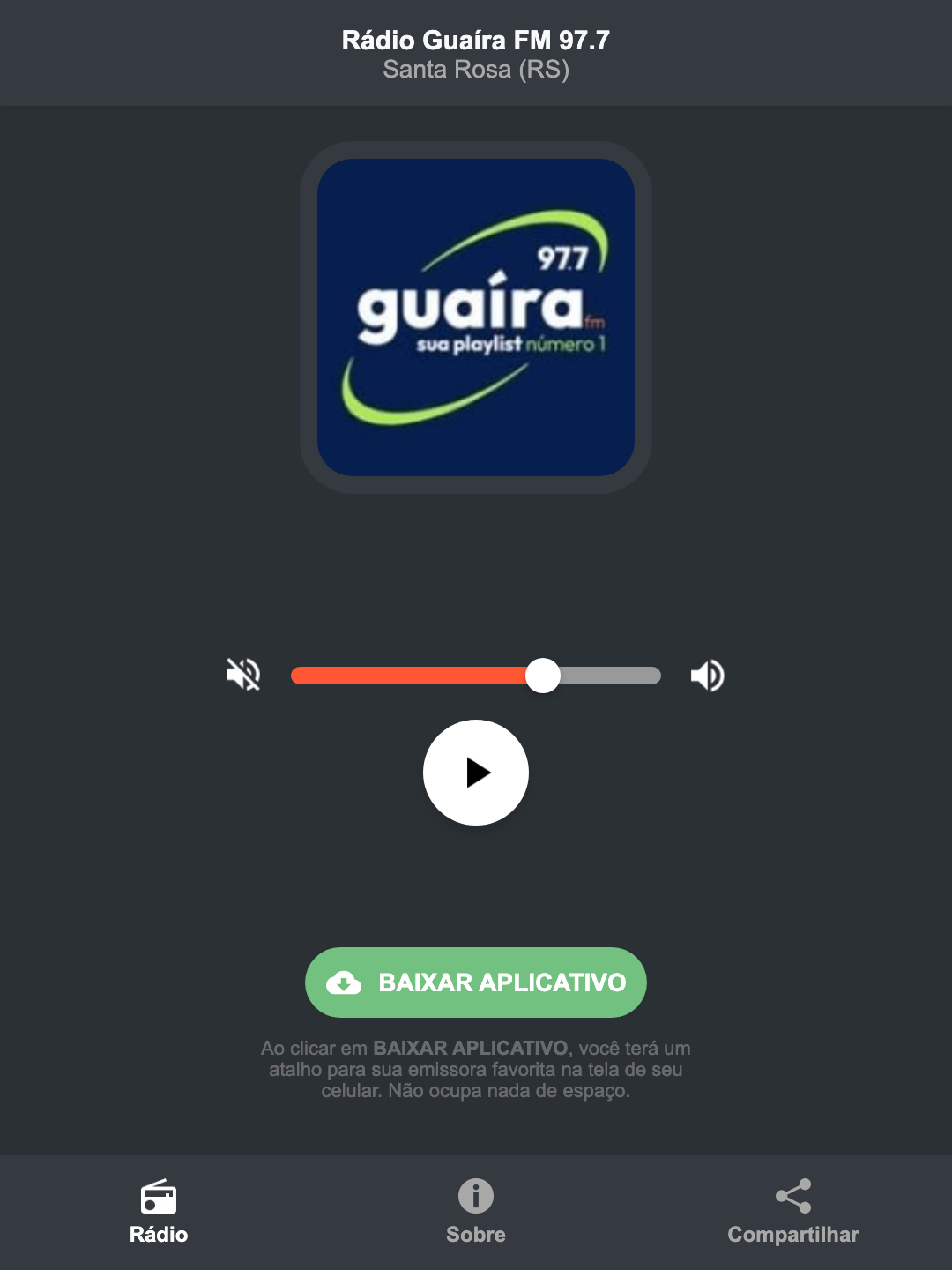 Screenshot do aplicativo da Rádio Guaíra FM 97.7