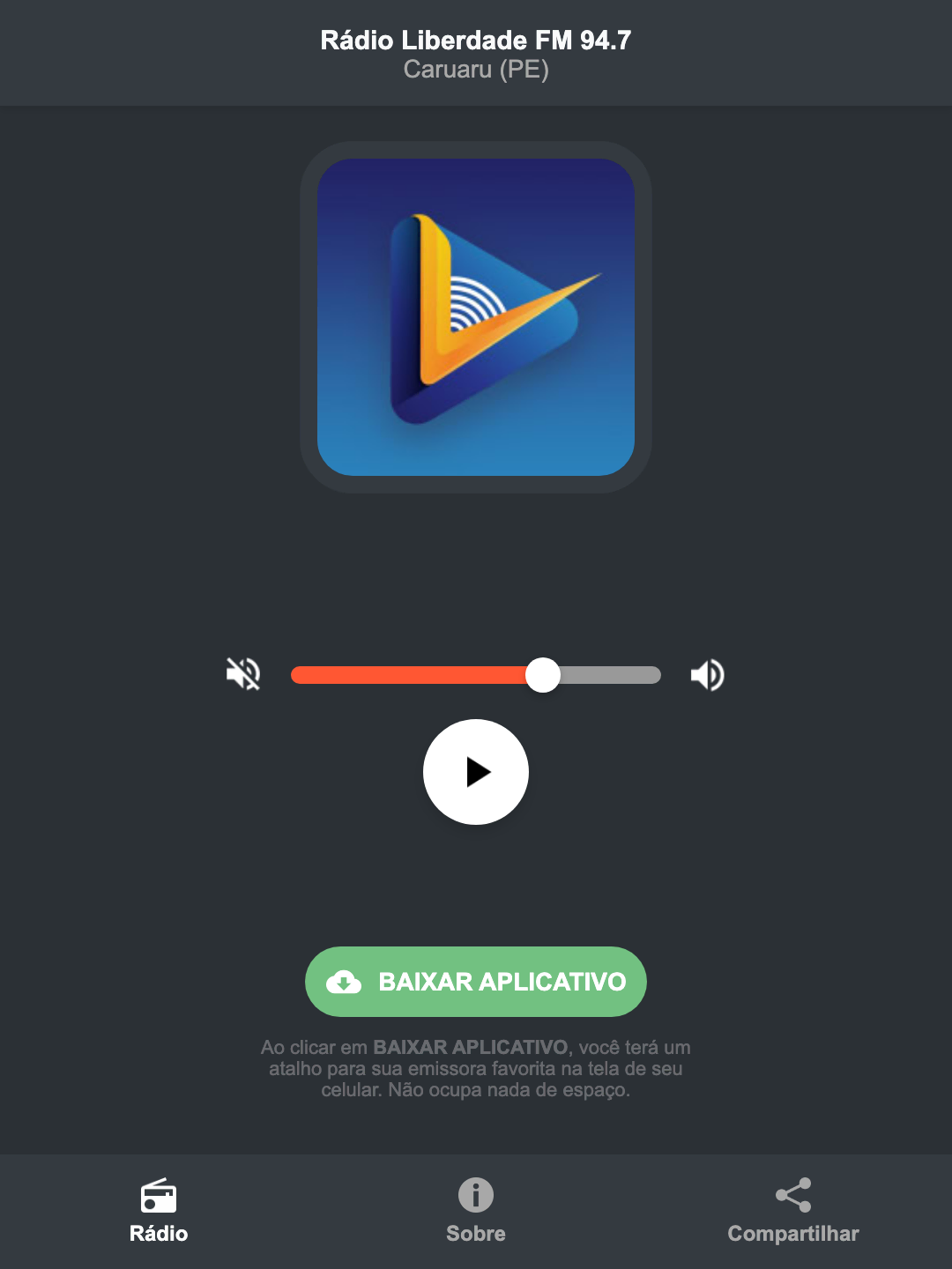 Screenshot do aplicativo da Rádio Liberdade FM 94.7