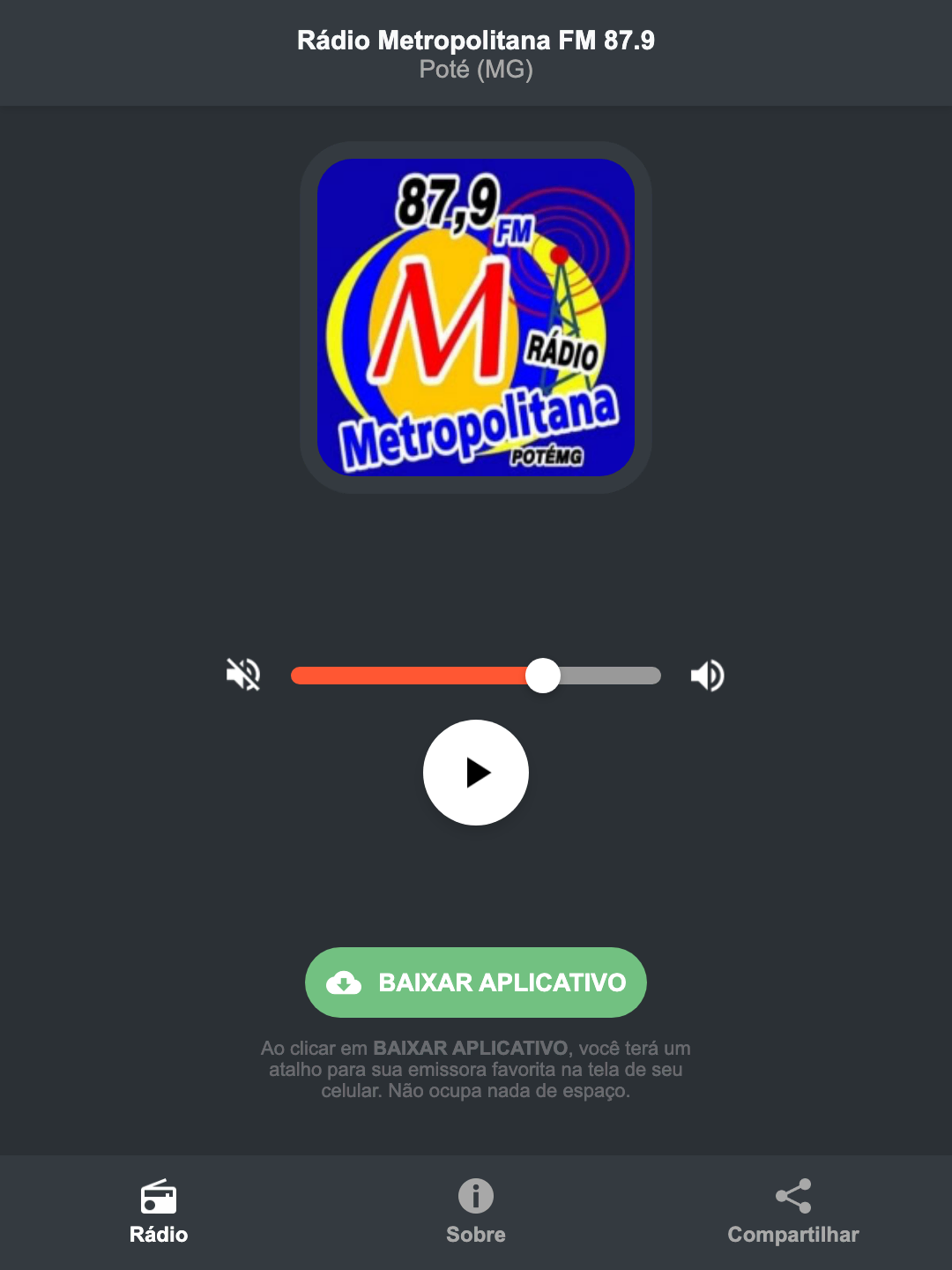Screenshot do aplicativo da Rádio Metropolitana FM 87.9