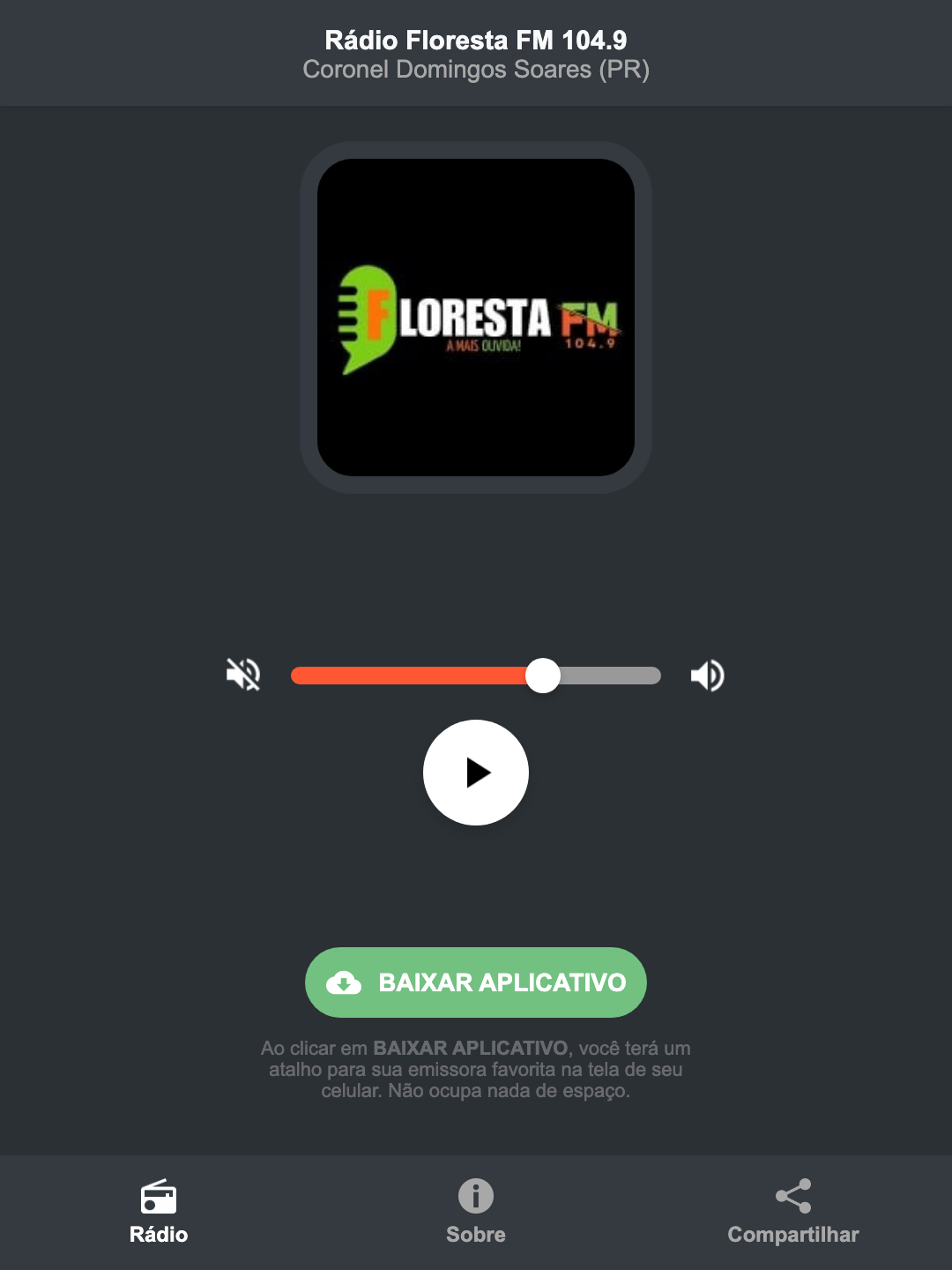 Screenshot do aplicativo da Rádio Floresta FM 104.9