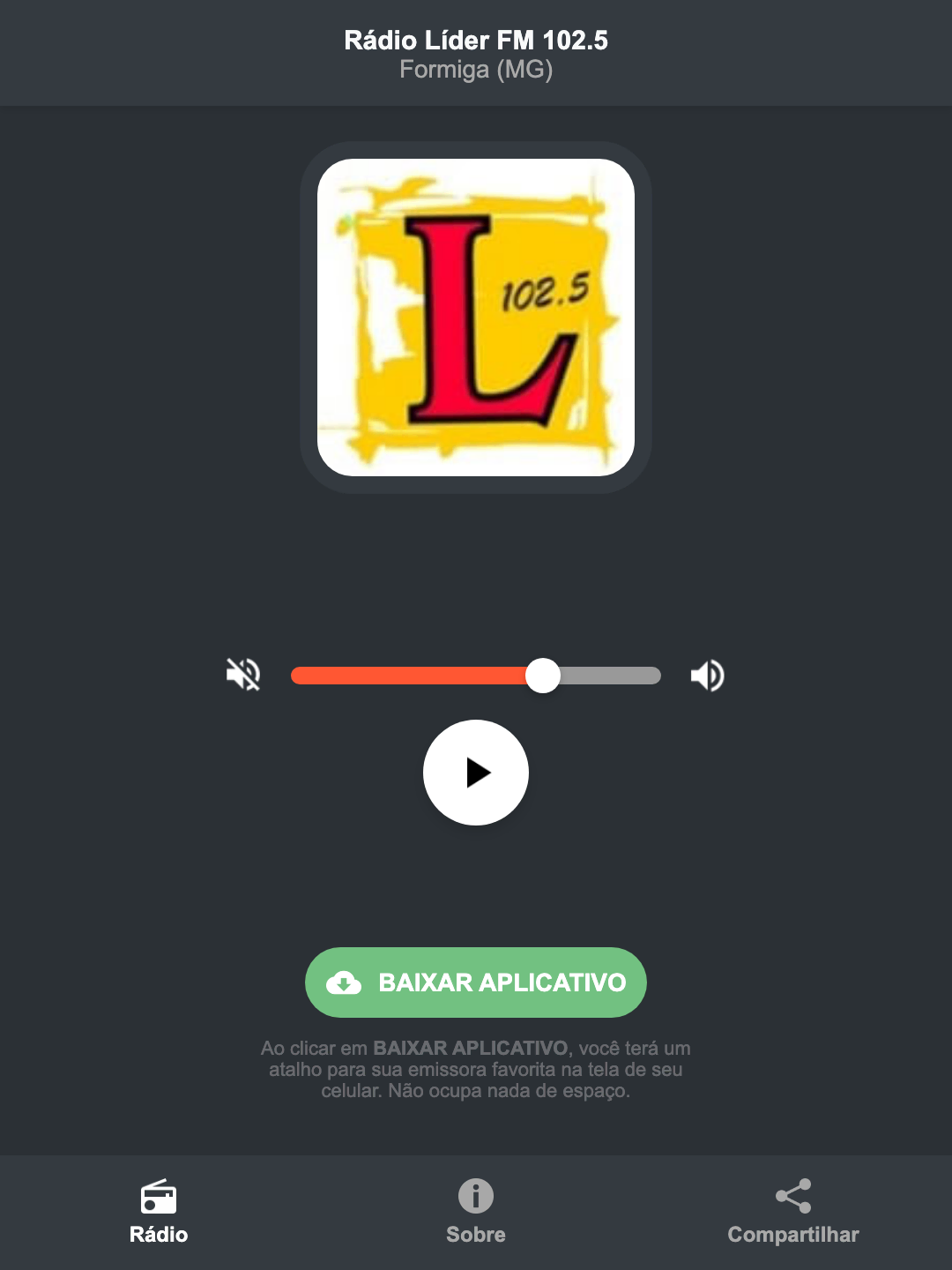 Screenshot do aplicativo da Rádio Líder FM 102.5