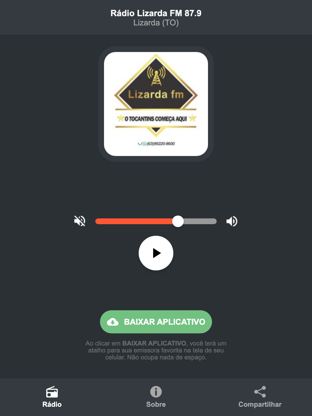 Screenshot do aplicativo da Rádio Lizarda FM 87.9