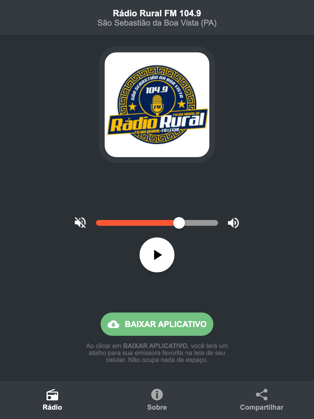 Screenshot do aplicativo da Rádio Rural FM 104.9