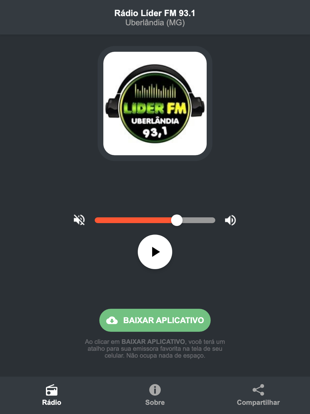 Screenshot do aplicativo da Rádio Líder FM 93.1