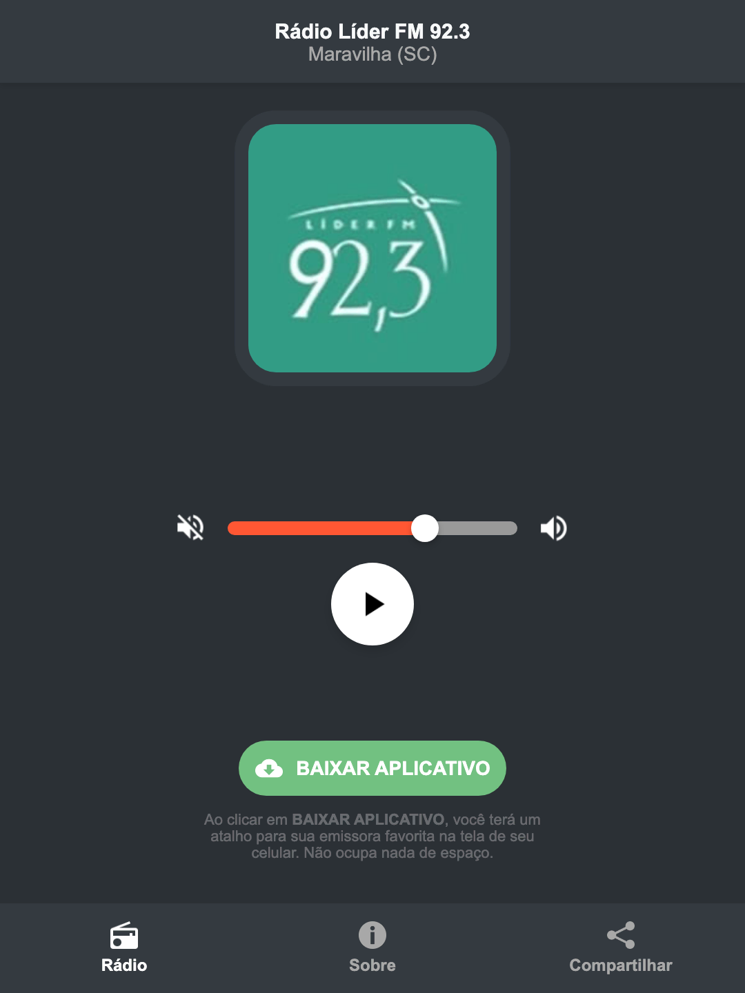 Screenshot do aplicativo da Rádio Líder FM 92.3