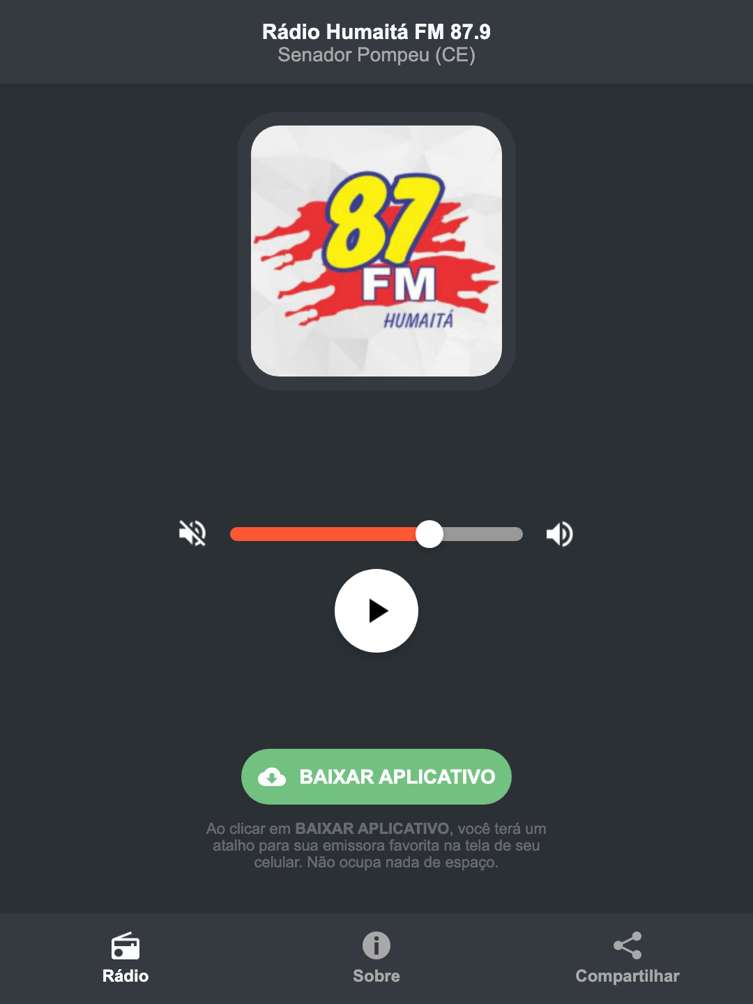 Screenshot do aplicativo da Rádio Humaitá FM 87.9
