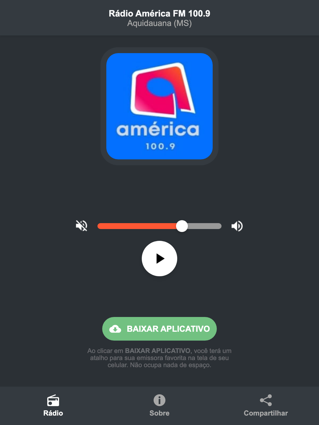 Screenshot do aplicativo da Rádio América FM 100.9