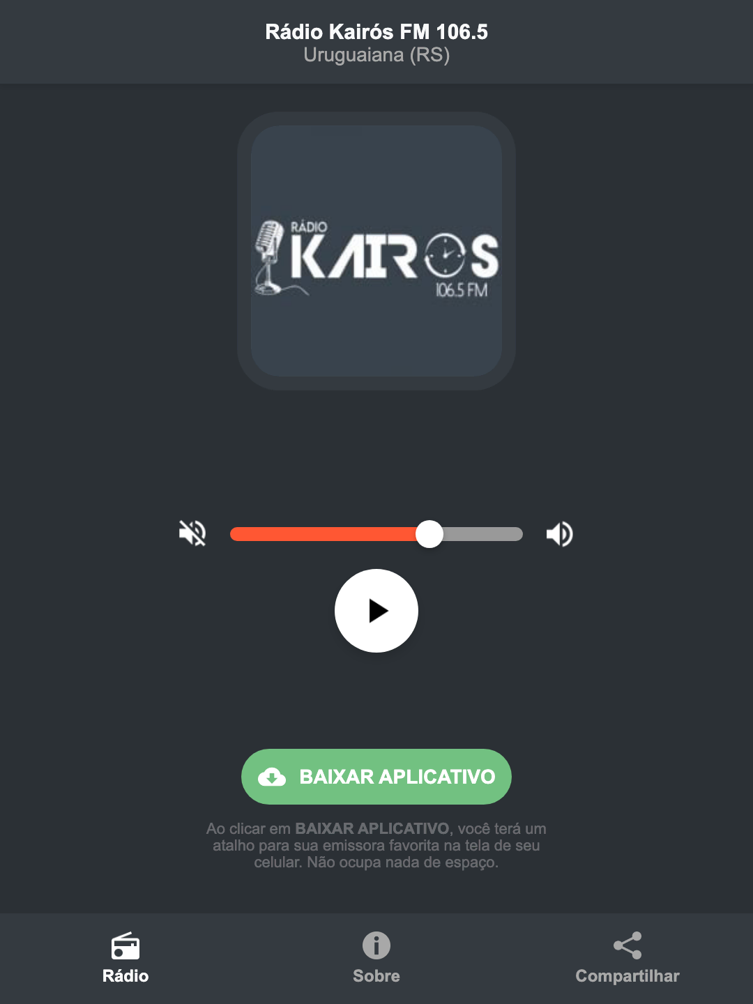 Screenshot do aplicativo da Rádio Kairós FM 106.5