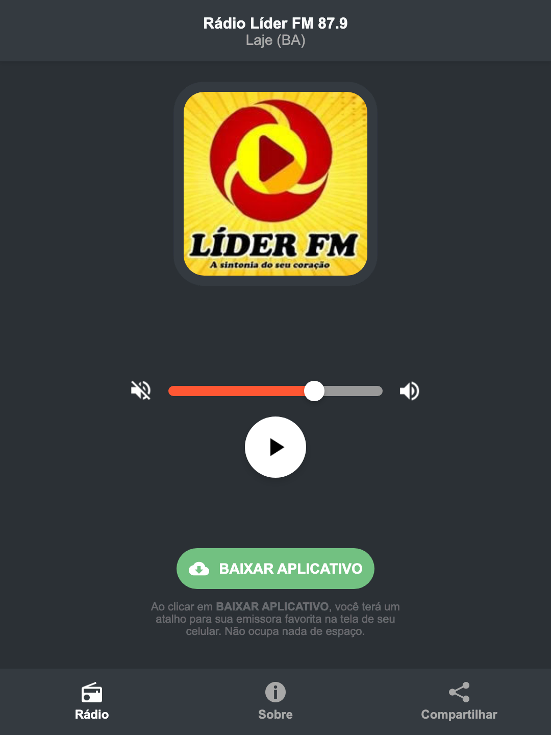 Screenshot do aplicativo da Rádio Líder FM 87.9
