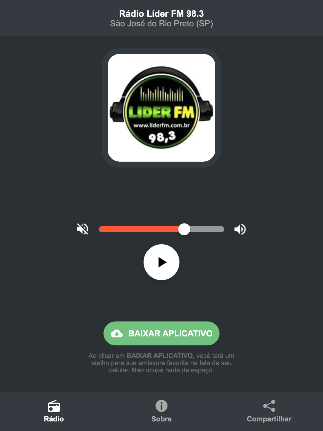 Screenshot do aplicativo da Rádio Líder FM 98.3