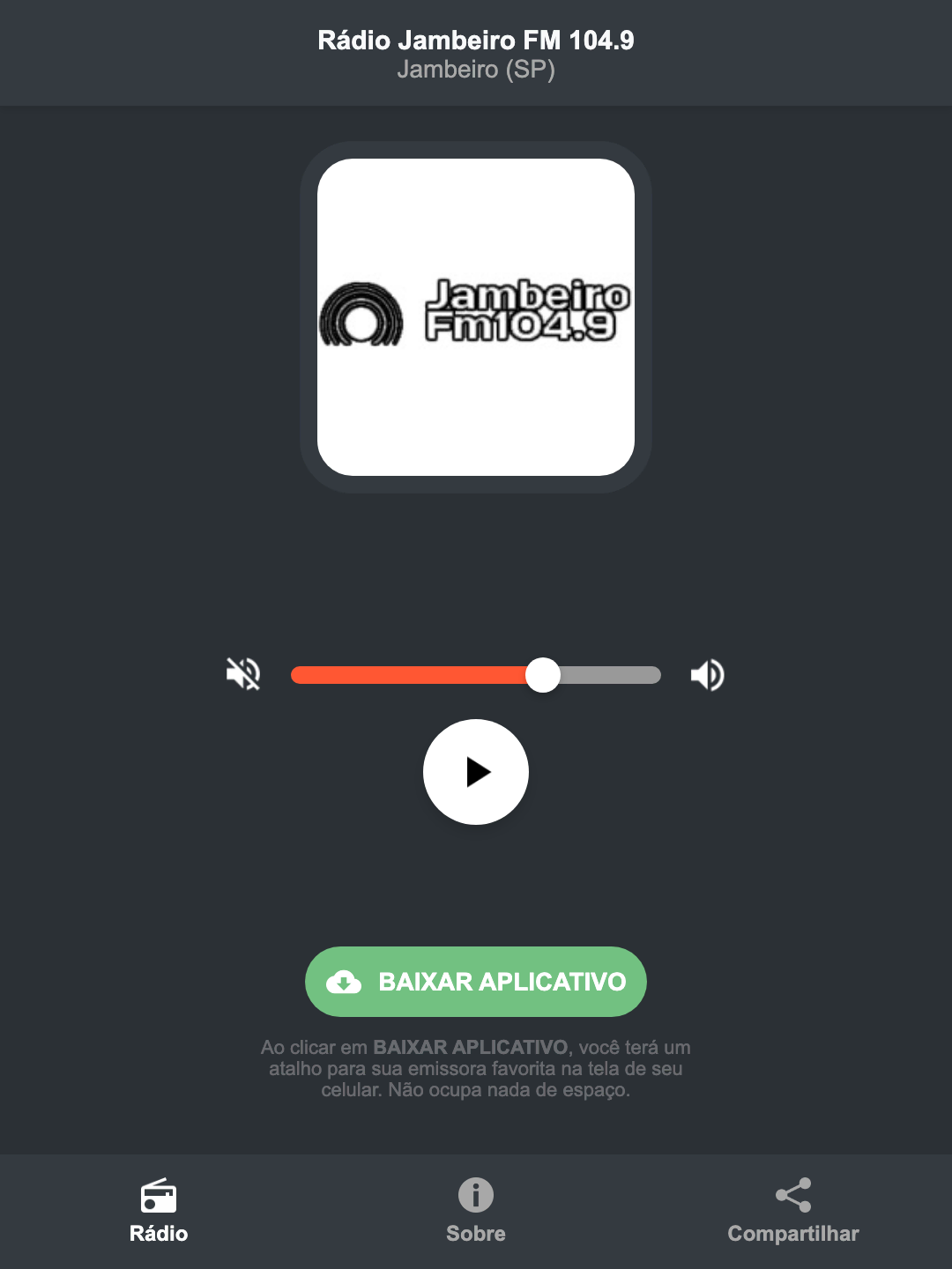Screenshot do aplicativo da Rádio Jambeiro FM 104.9