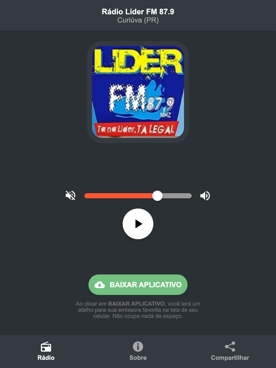 Screenshot do aplicativo da Rádio Líder FM 87.9