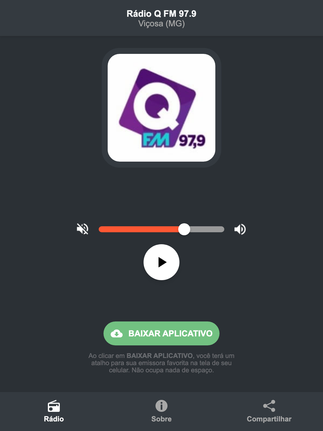Screenshot do aplicativo da Rádio Q FM 97.9
