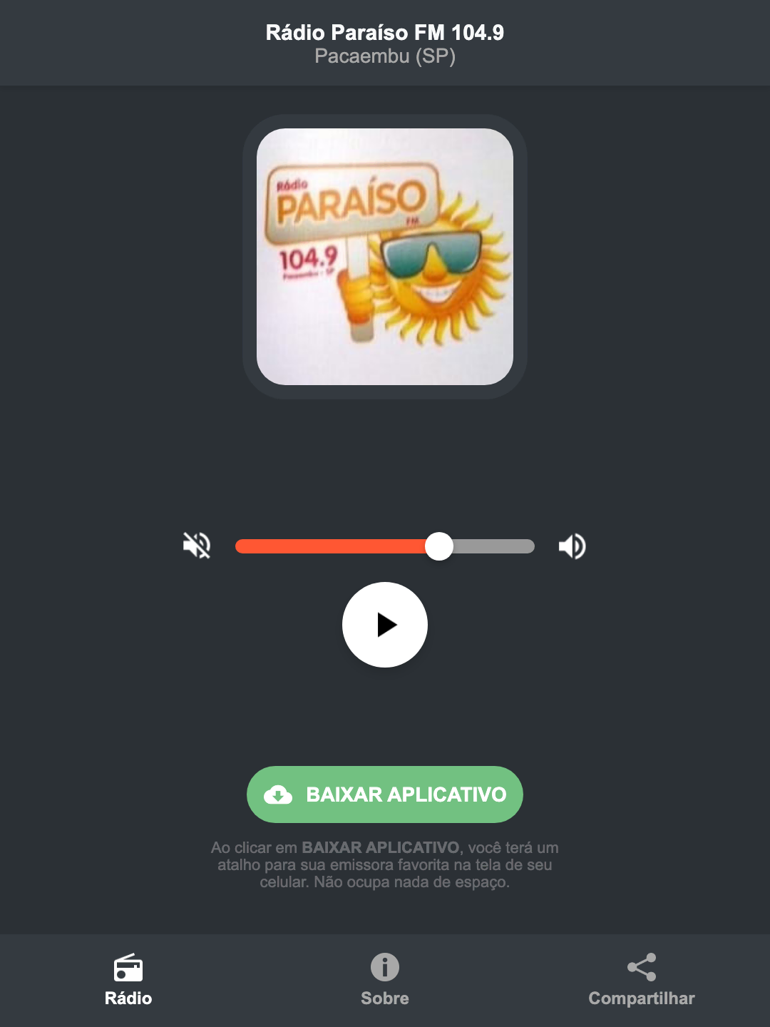 Screenshot do aplicativo da Rádio Paraíso FM 104.9