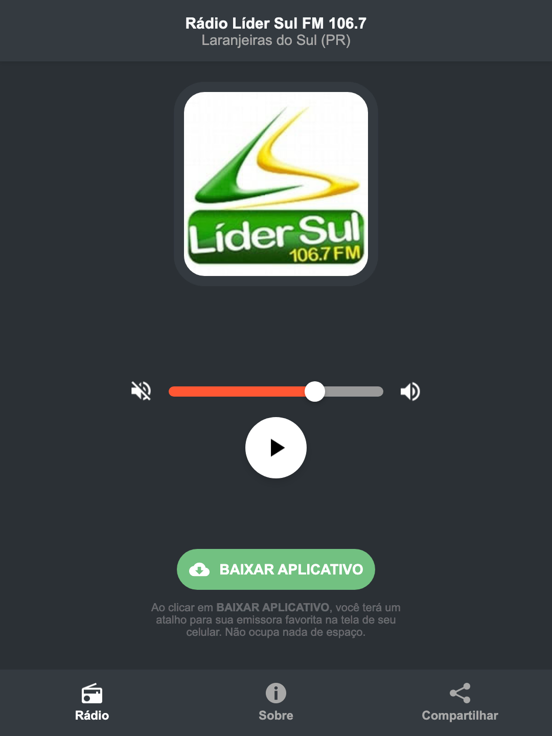 Screenshot do aplicativo da Rádio Líder Sul FM 106.7