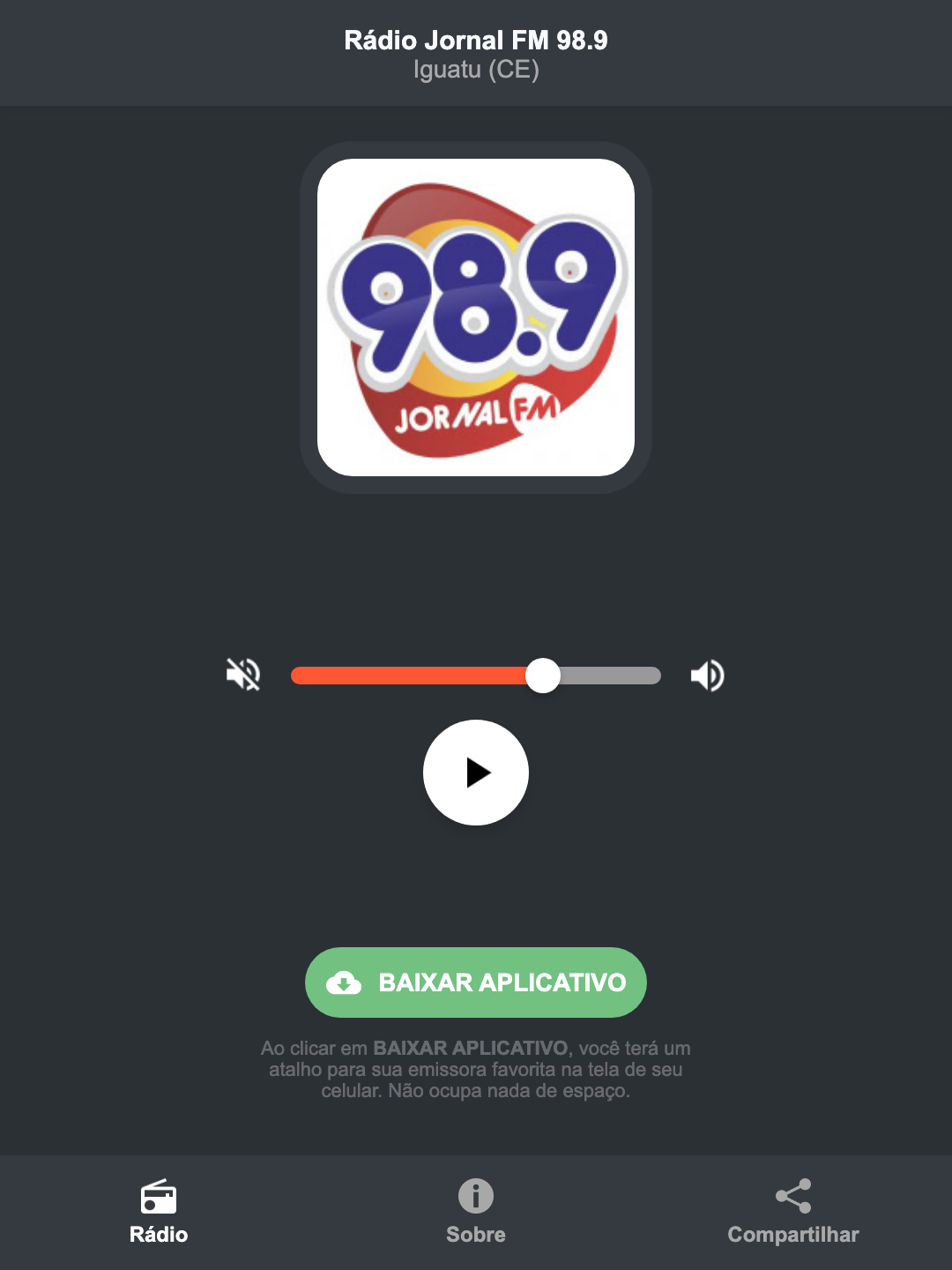 Screenshot do aplicativo da Rádio Jornal FM 98.9