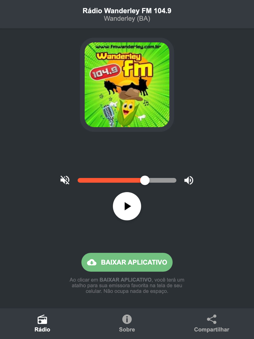 Screenshot do aplicativo da Rádio Wanderley FM 104.9