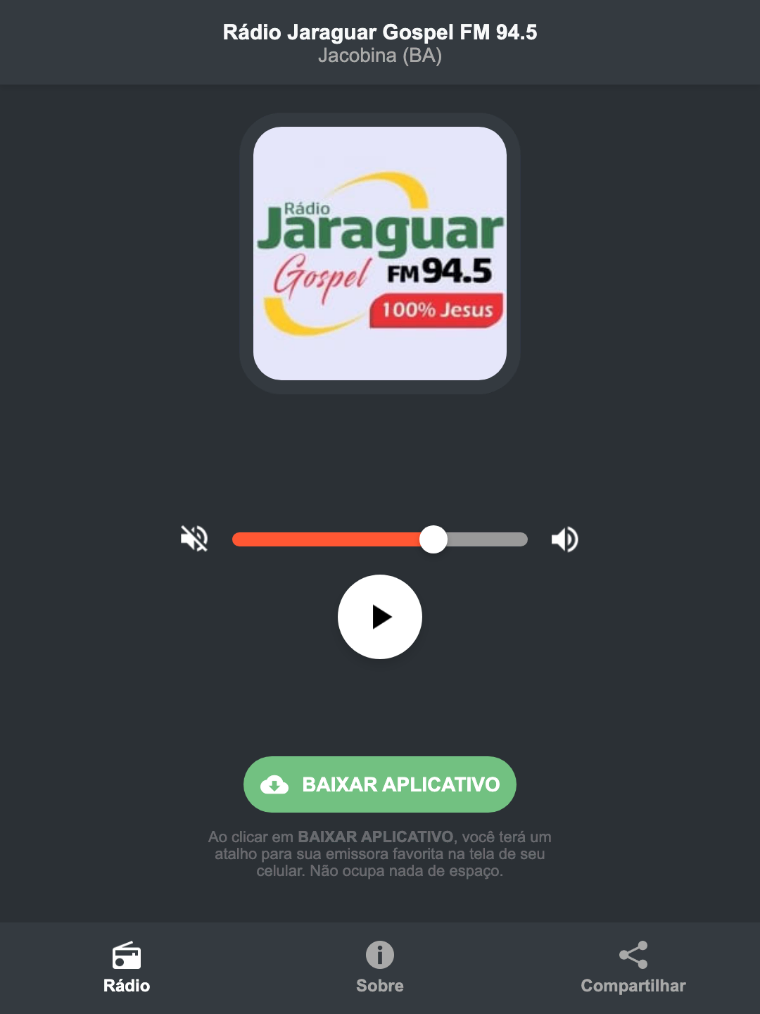Screenshot do aplicativo da Rádio Jaraguar Gospel FM 94.5