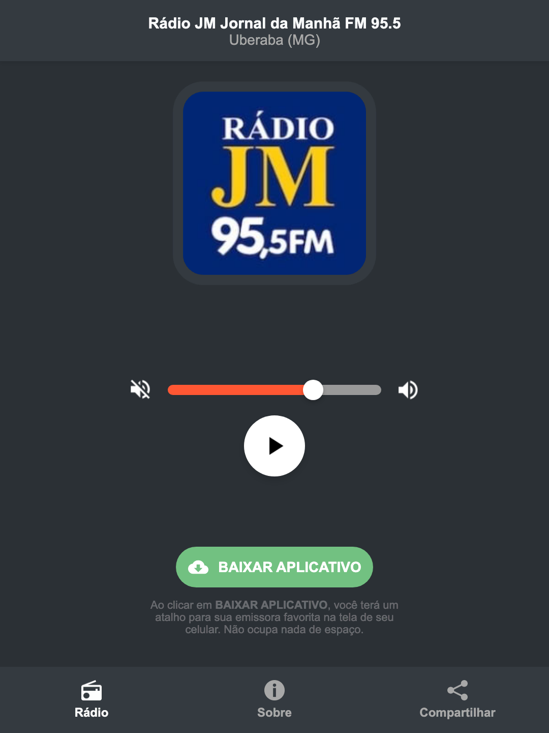 Screenshot do aplicativo da Rádio JM Jornal da Manhã FM 95.5