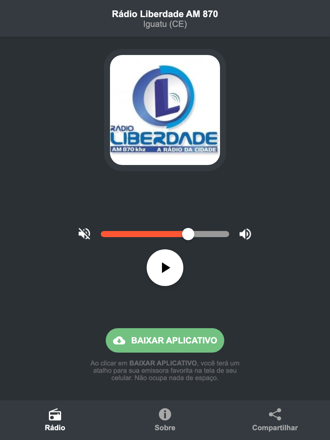 Screenshot do aplicativo da Rádio Liberdade AM 870