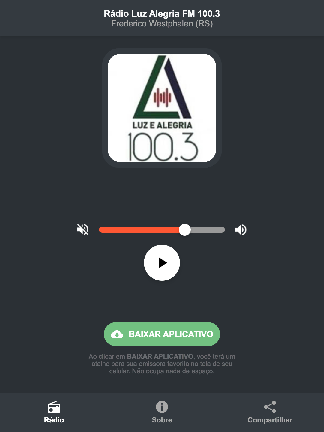 Screenshot do aplicativo da Rádio Luz Alegria FM 100.3