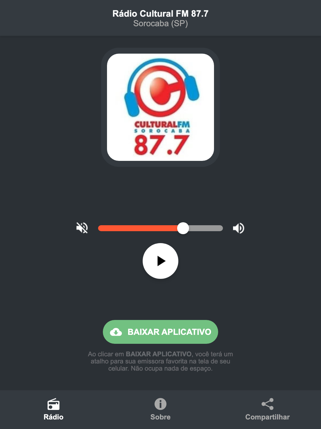 Screenshot do aplicativo da Rádio Cultural FM 87.7