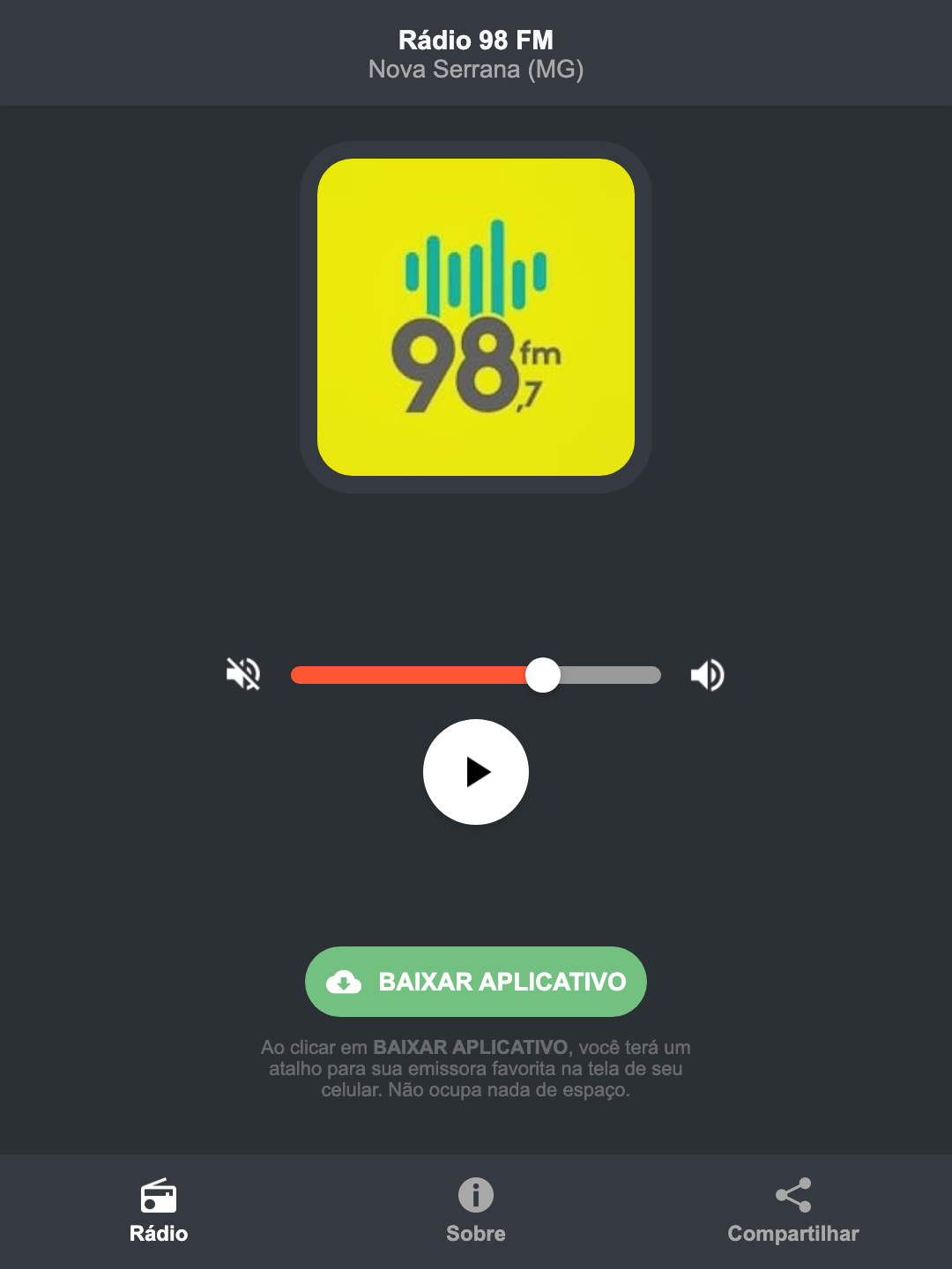 Screenshot do aplicativo da Rádio 98 FM