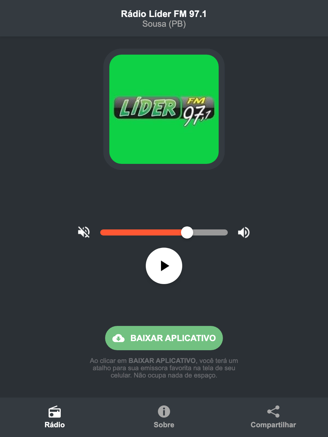 Screenshot do aplicativo da Rádio Líder FM 97.1
