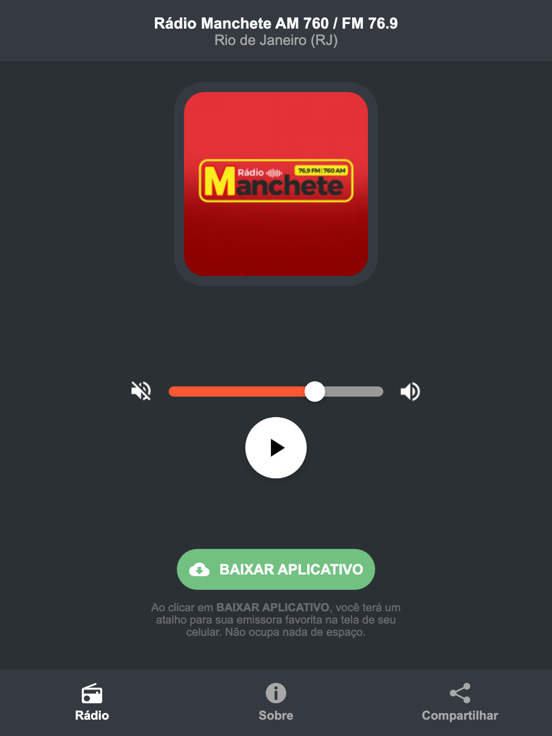 Screenshot do aplicativo da Rádio Manchete AM 760 / FM 76.9