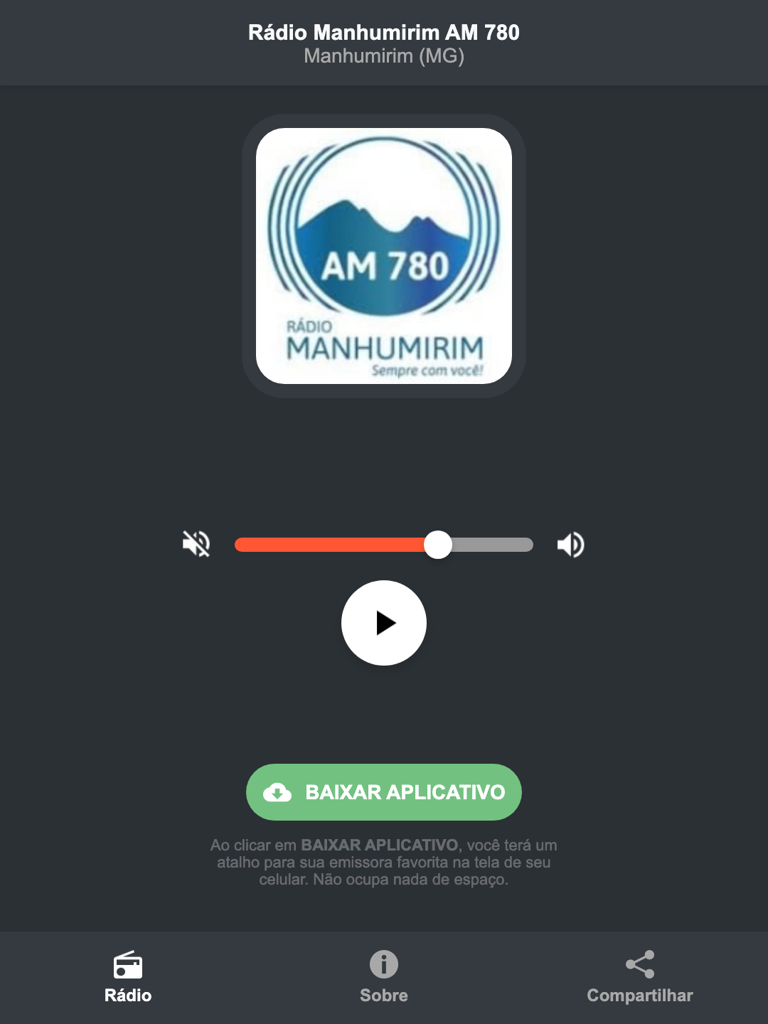 Screenshot do aplicativo da Rádio Manhumirim AM 780