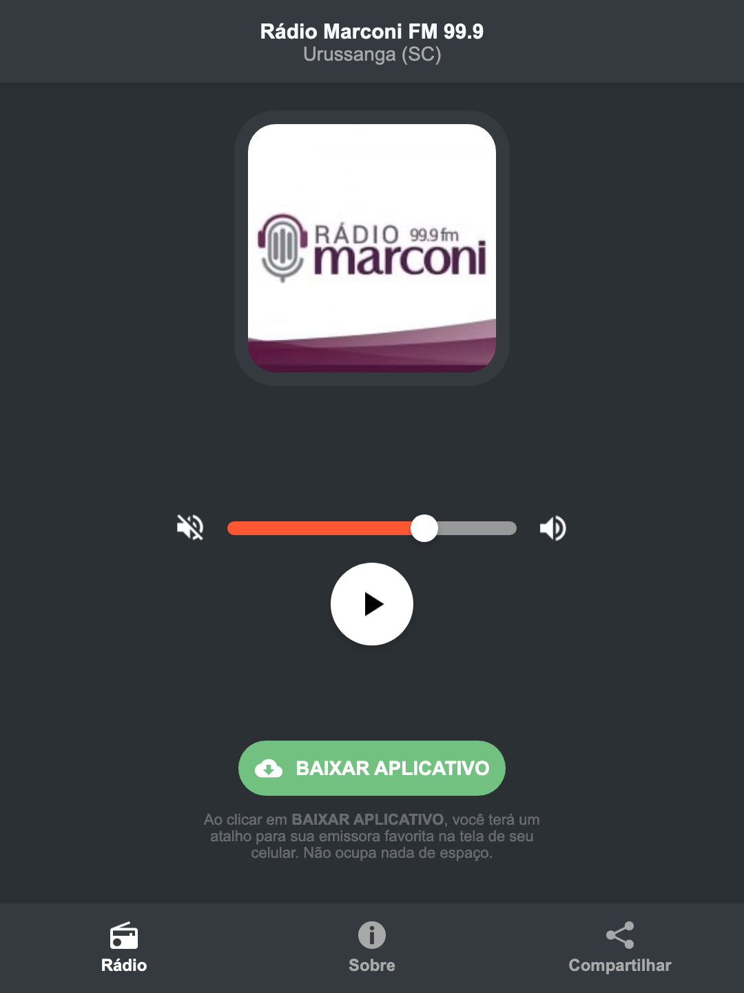 Screenshot do aplicativo da Rádio Marconi FM 99.9