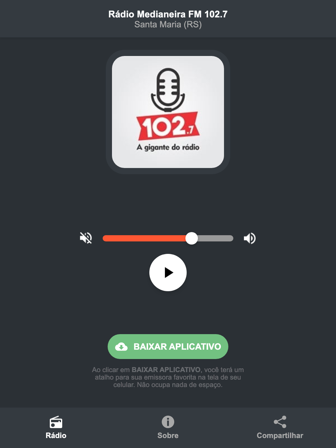 Screenshot do aplicativo da Rádio Medianeira FM 102.7