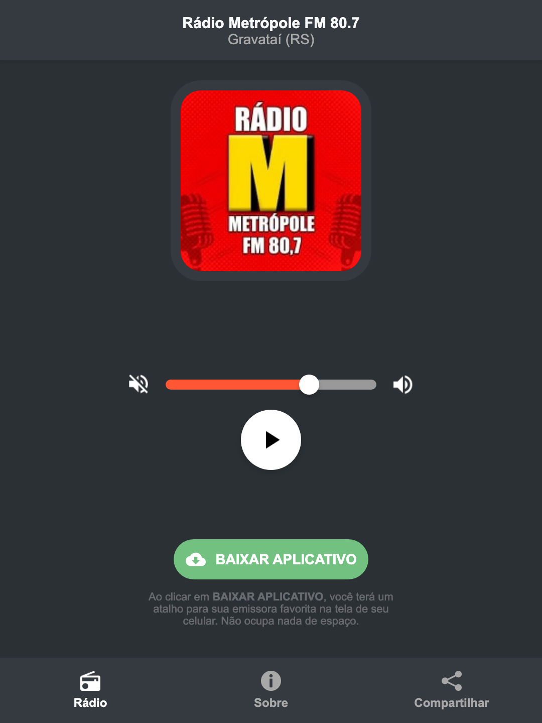 Screenshot do aplicativo da Rádio Metrópole FM 80.7
