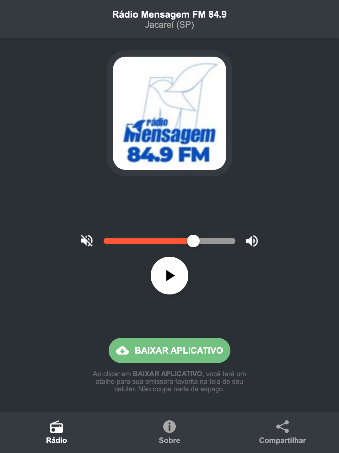 Screenshot do aplicativo da Rádio Mensagem FM 84.9