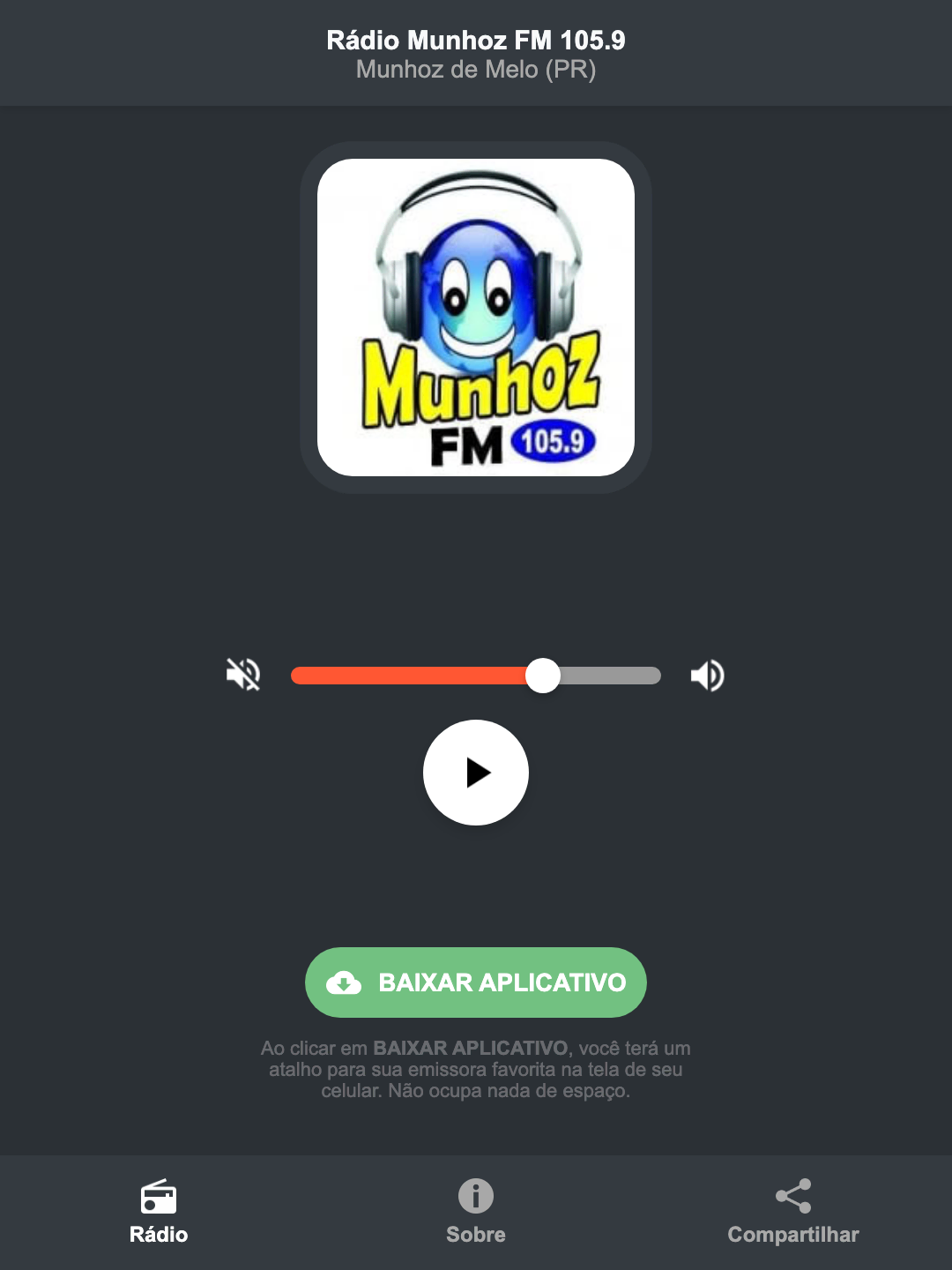 Screenshot do aplicativo da Rádio Munhoz FM 105.9