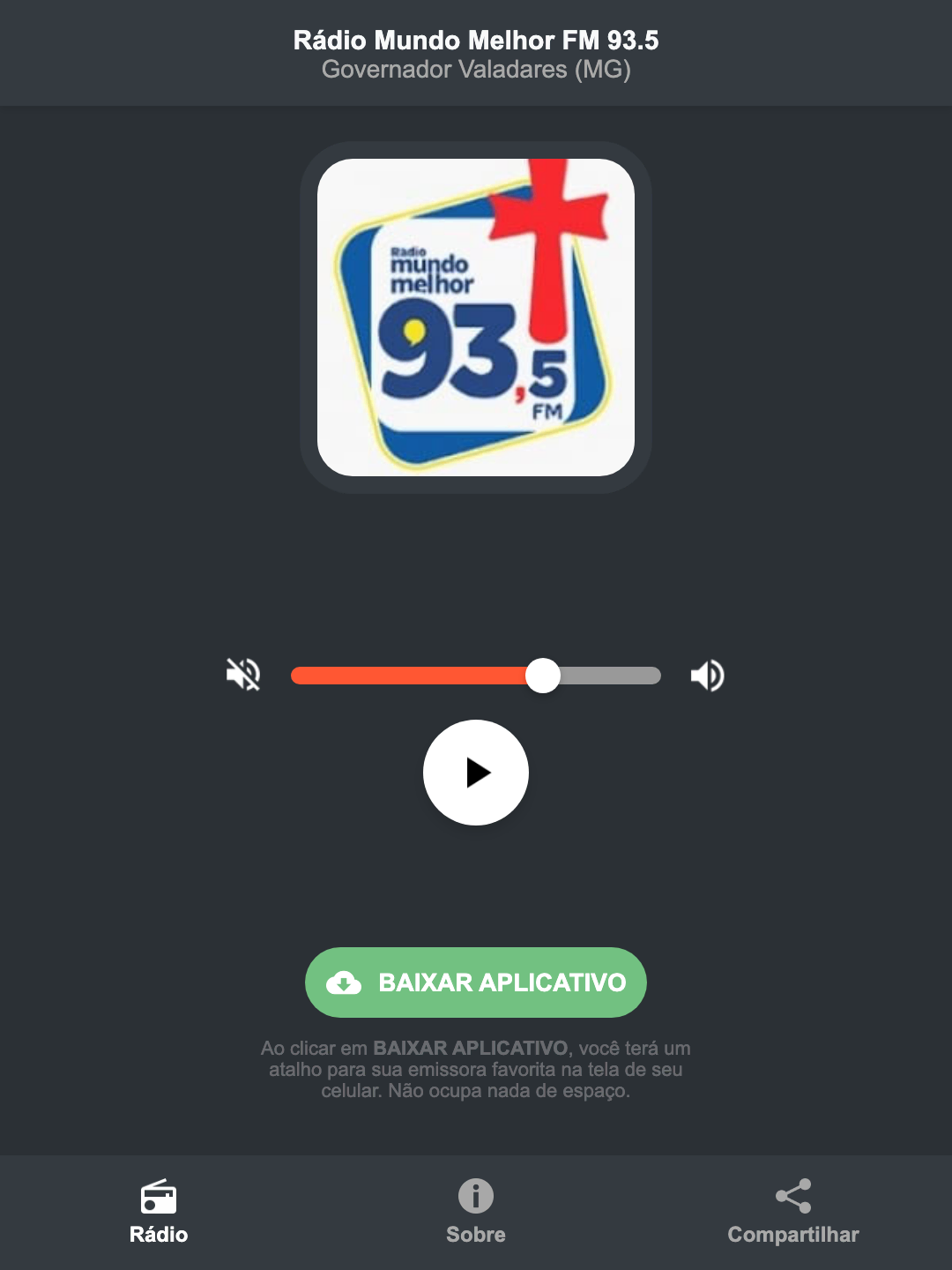 Screenshot do aplicativo da Rádio Mundo Melhor FM 93.5