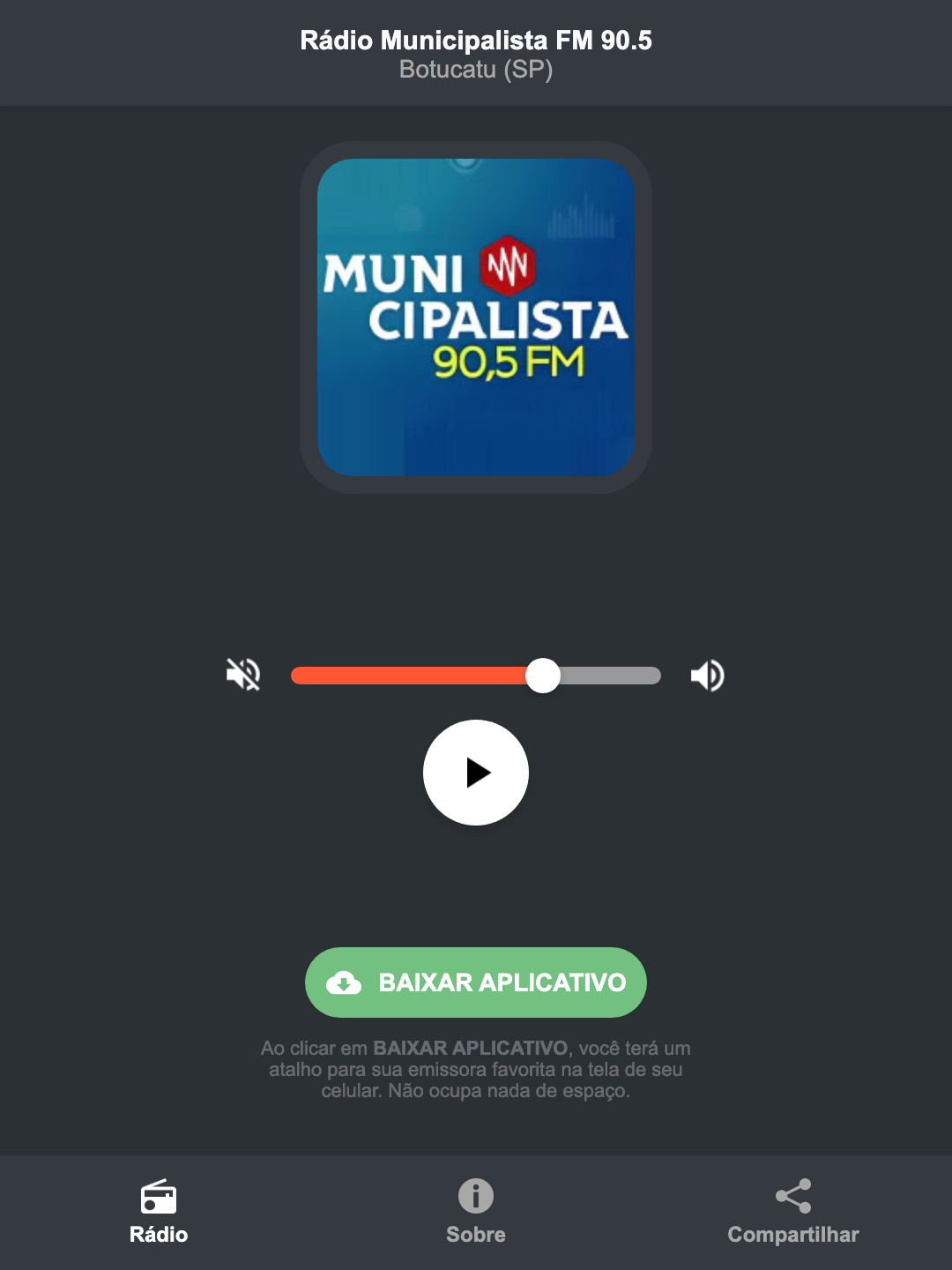 Screenshot do aplicativo da Rádio Municipalista FM 90.5