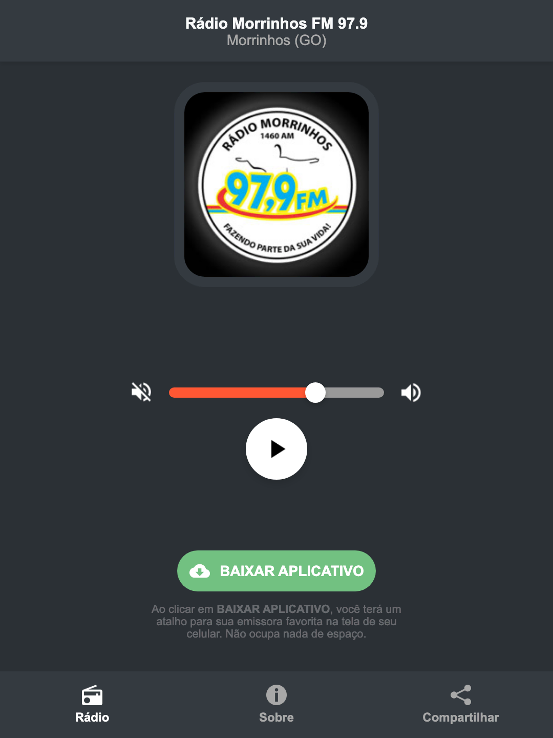 Screenshot do aplicativo da Rádio Morrinhos FM 97.9