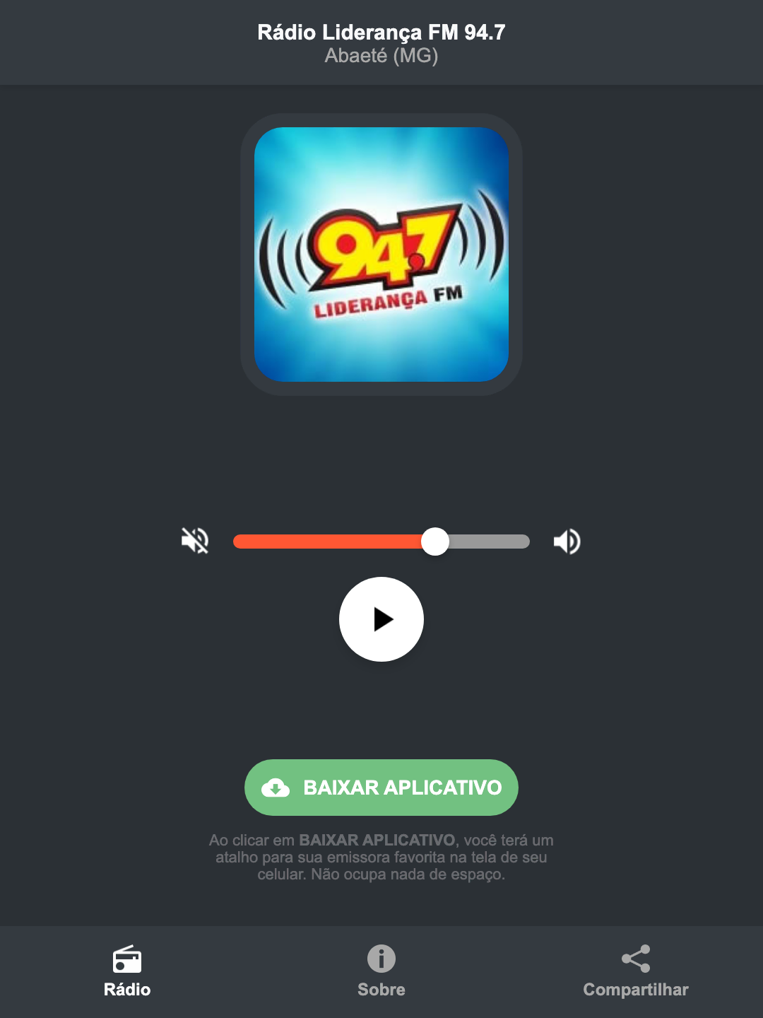 Screenshot do aplicativo da Rádio Liderança FM 94.7