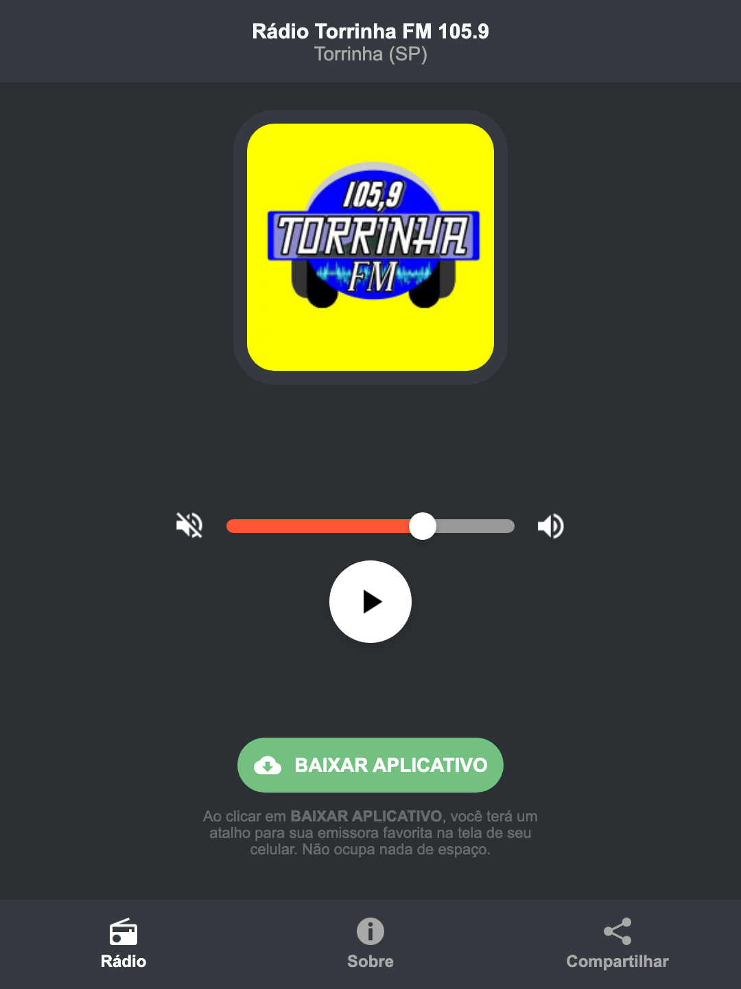 Screenshot do aplicativo da Rádio Torrinha FM 105.9