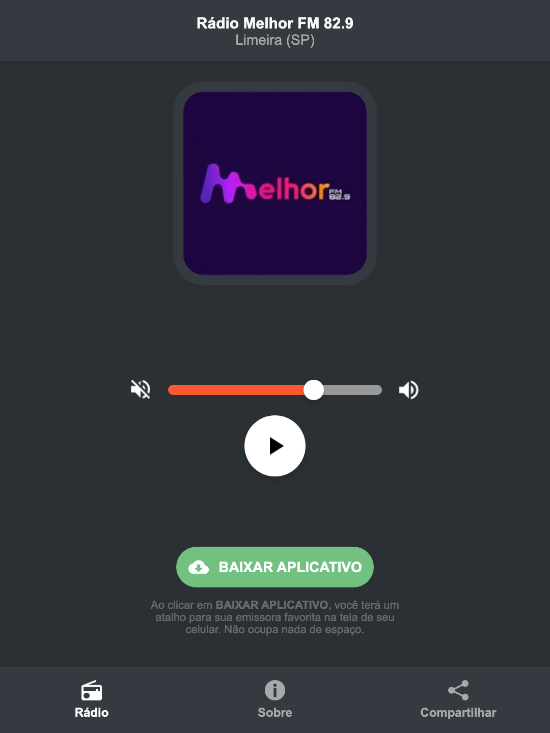 Screenshot do aplicativo da Rádio Melhor FM 82.9
