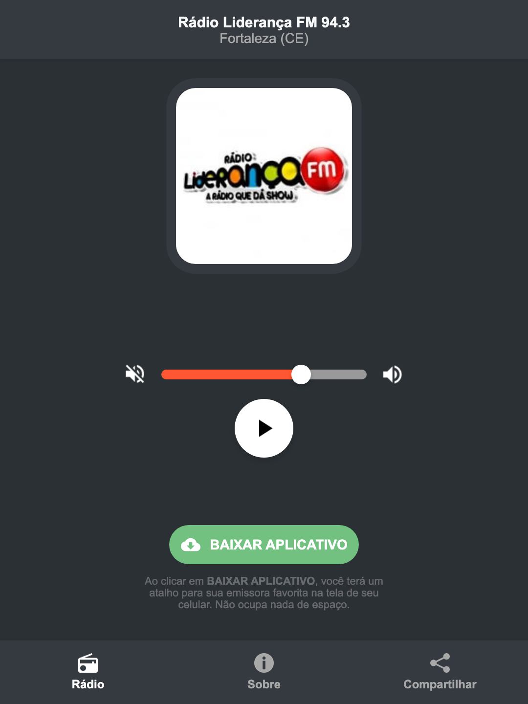 Screenshot do aplicativo da Rádio Liderança FM 94.3