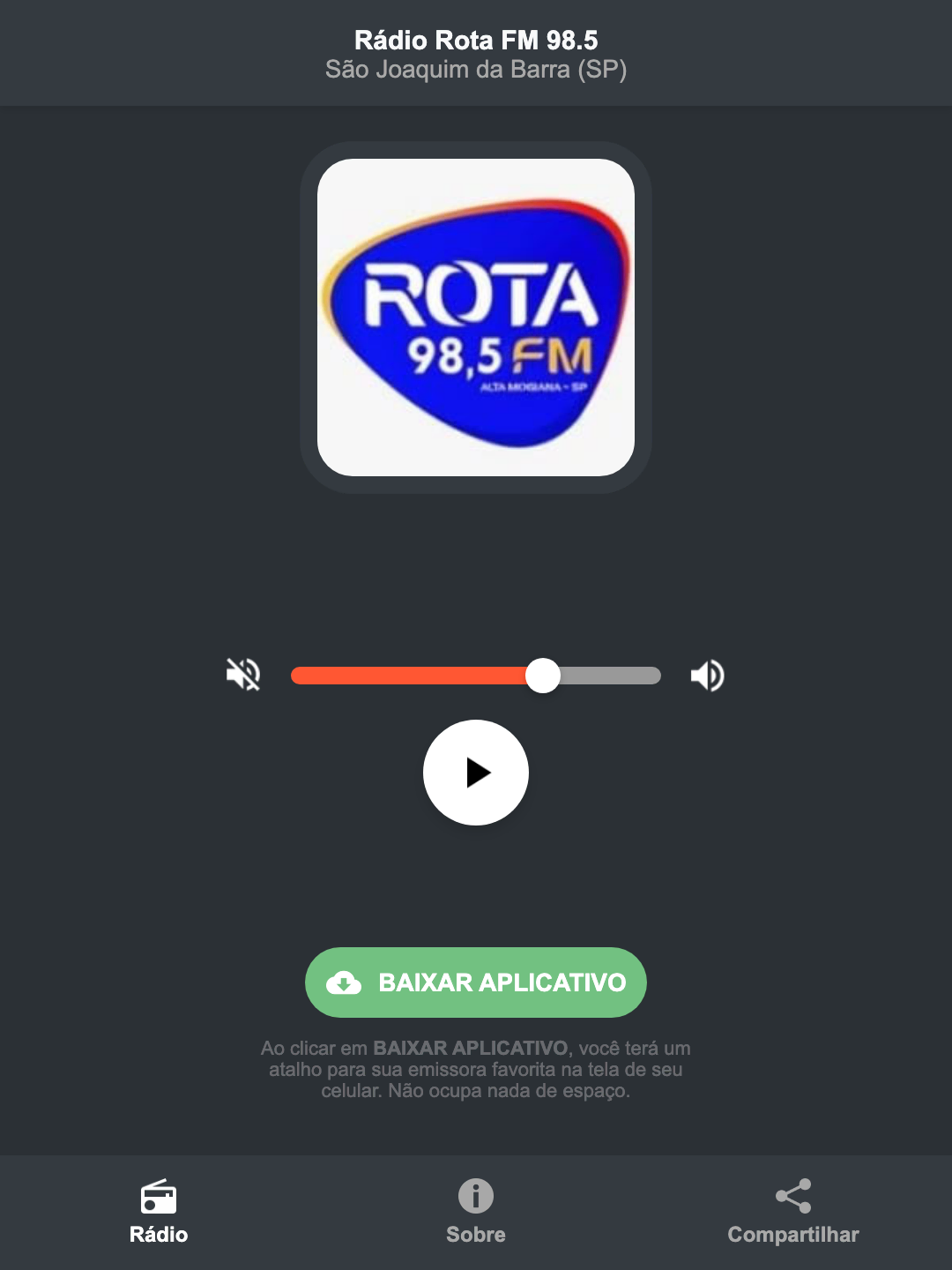 Screenshot do aplicativo da Rádio Rota FM 98.5