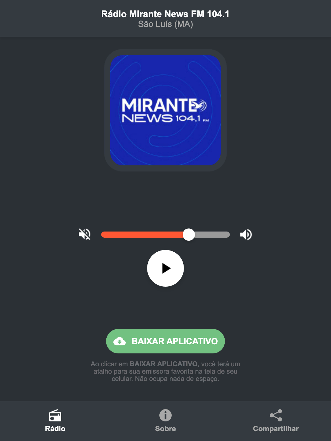 Screenshot do aplicativo da Rádio Mirante News FM 104.1