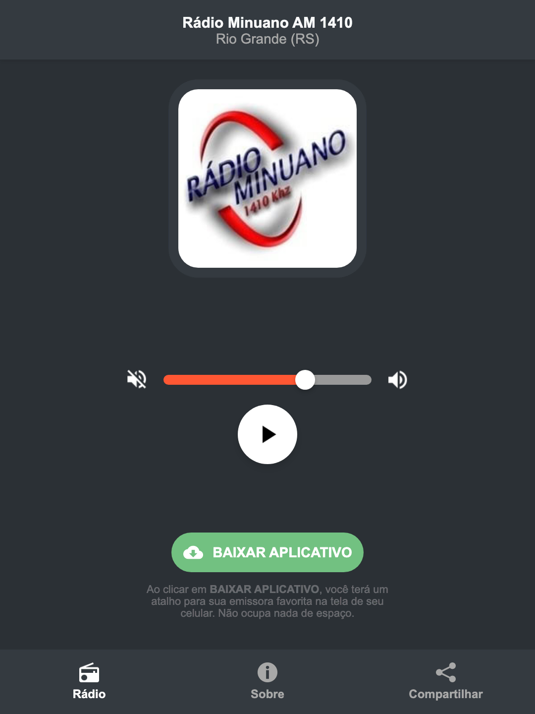 Screenshot do aplicativo da Rádio Minuano AM 1410