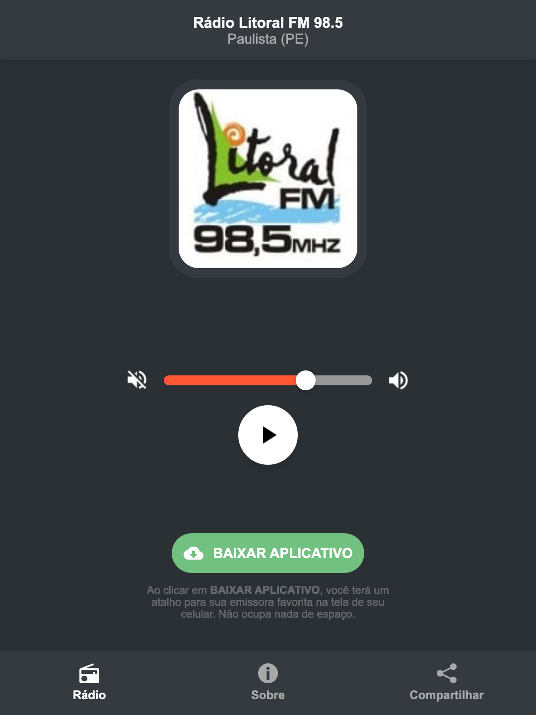 Screenshot do aplicativo da Rádio Litoral FM 98.5