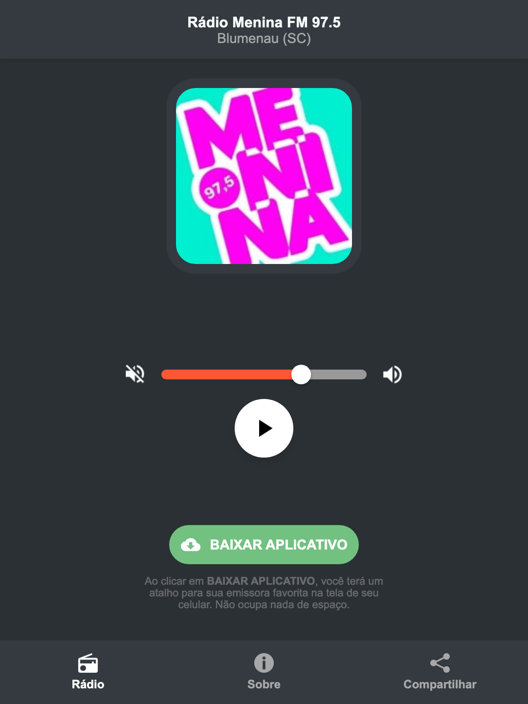 Screenshot do aplicativo da Rádio Menina FM 97.5