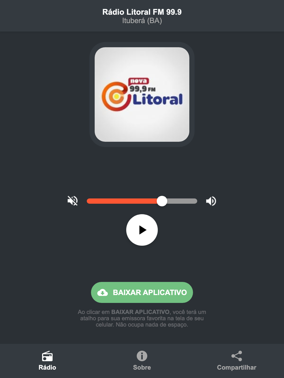 Screenshot do aplicativo da Rádio Litoral FM 99.9
